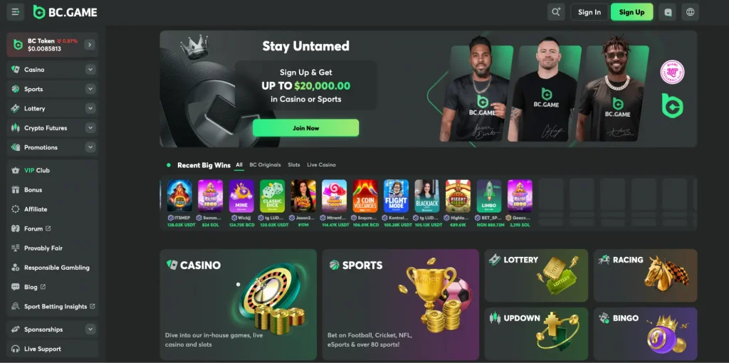 BC.GAme crypto casino main page